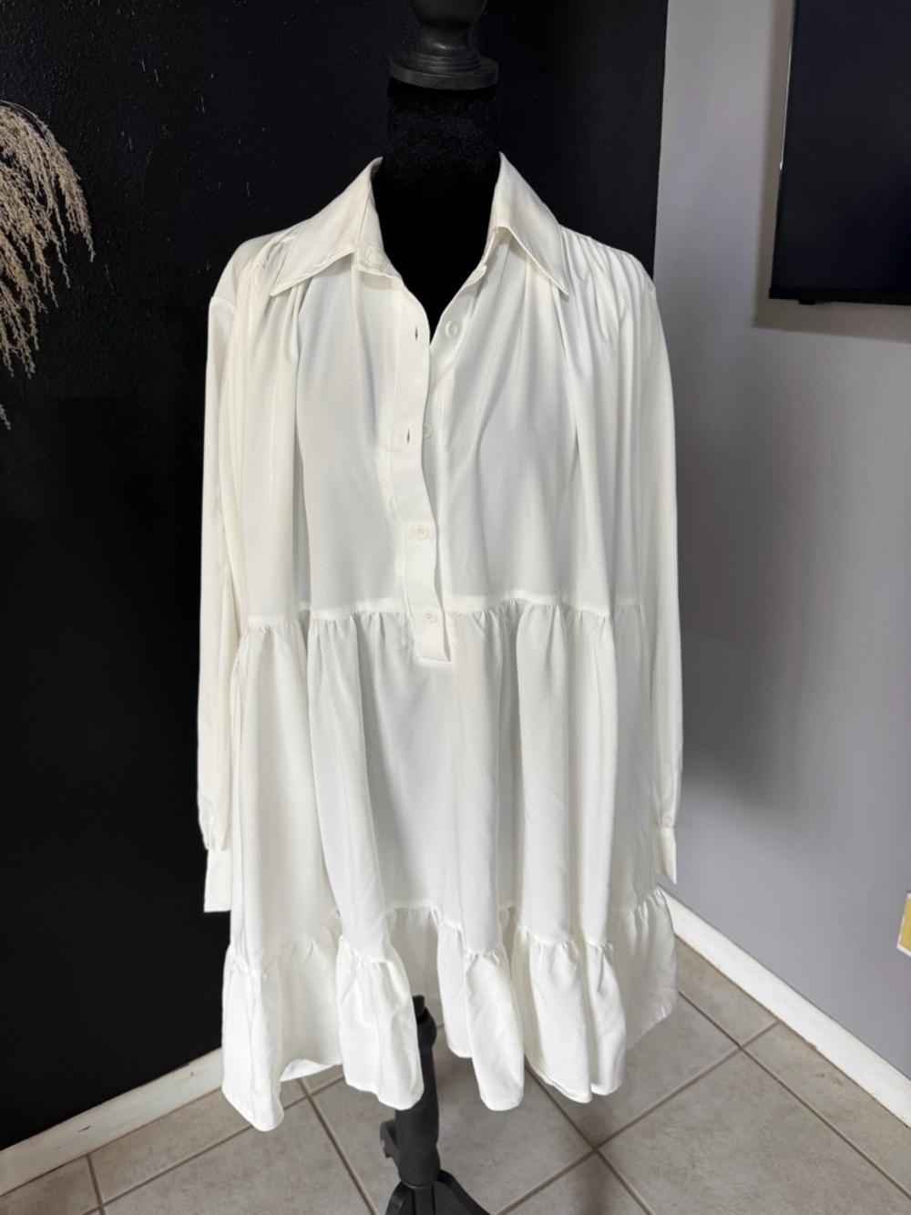 Women's White Mini Shirt Dress - Relaxed Ruffle Hem